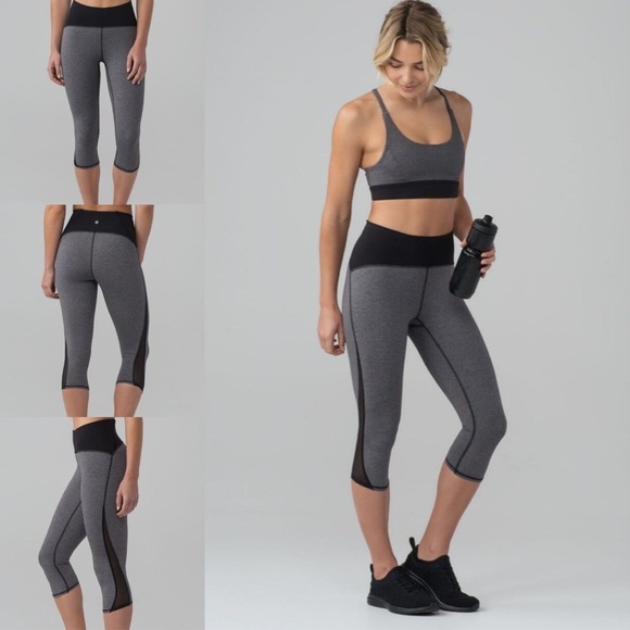lululemon athletica Pants - Lululemon Train Times Crop 17" High Rise Leggings Size 8 Heathered Black Mesh